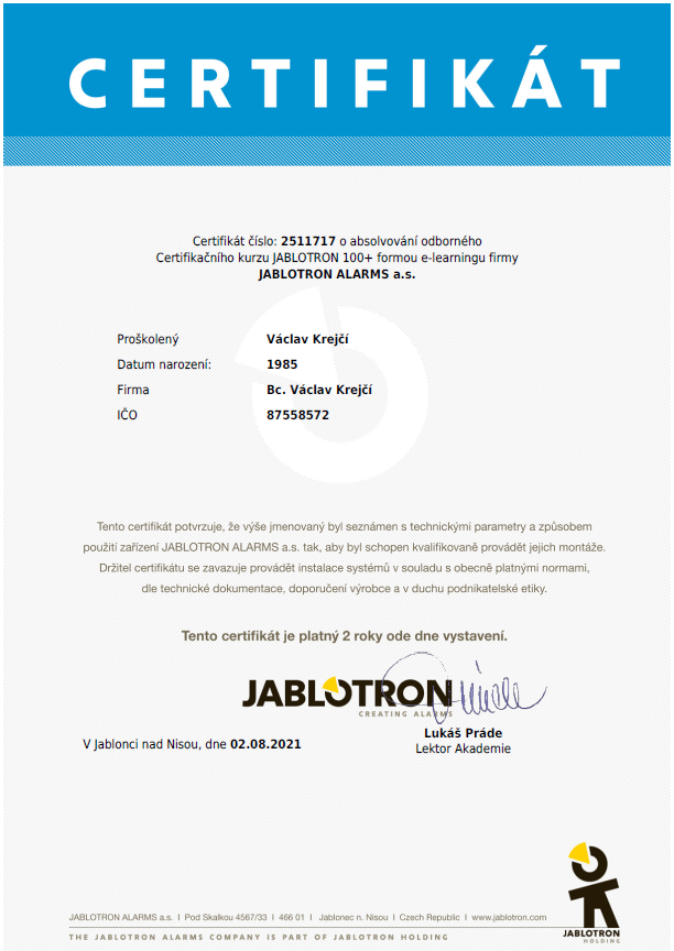 Jablotron certifikát